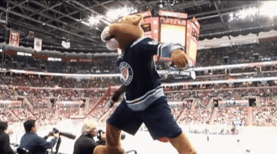Mascot In Blue Jersey Saying Jets GIF