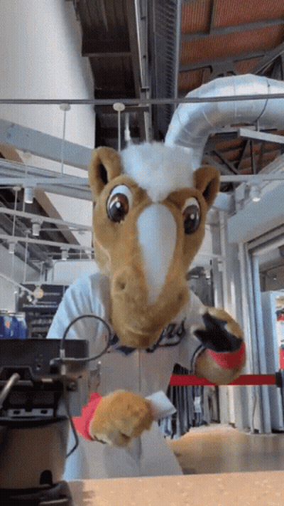 Mascot In Chef Outfit Standing In Front Of Blender GIF