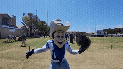 Mascot In Cowboy Hat And Jersey Number 4 GIF