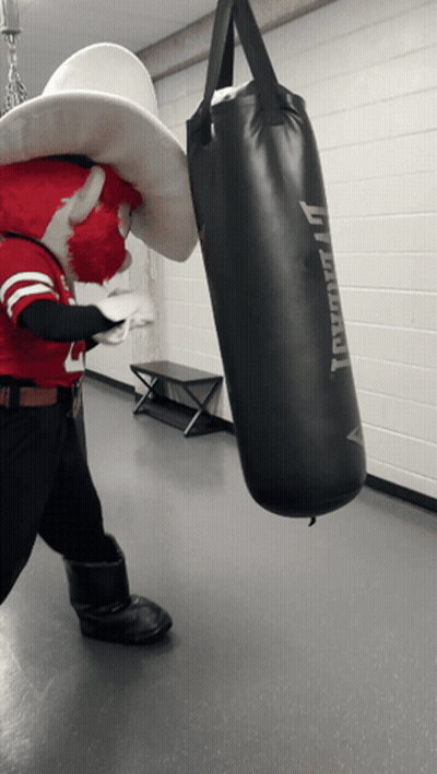 Mascot In Cowboy Hat Holding Punching Bag Saying J. Duran GIF