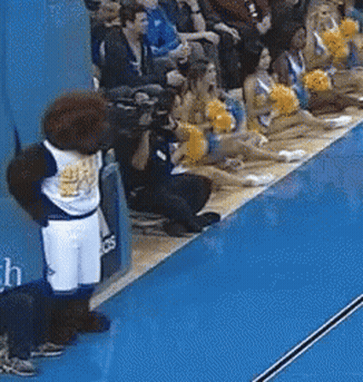 Mascot In Front Of Cheerleaders With Pom Poms GIF