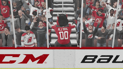 Mascot In N.J. Devil Jersey In Front Of Crowd GIF