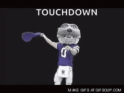 Mascot In Purple Jersey Holding Flag Saying Touchdown GIF