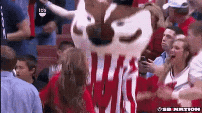 Mascot In Red And White Striped Shirt Standing In Crowd GIF