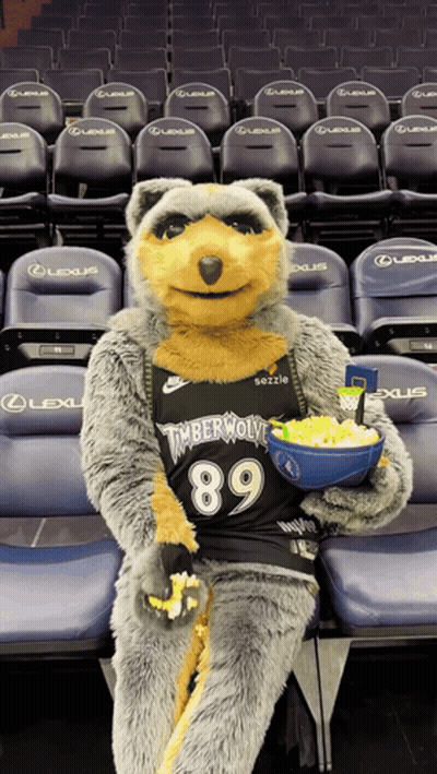 Mascot In Timberwolves Jersey Holding Popcorn In Stadium GIF