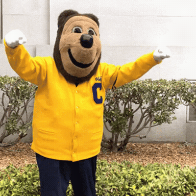 Mascot In Yellow Jacket With Blue Letter C GIF