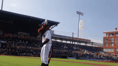 Mascot On Baseball Field In Front Of Pennzoil Stadium GIF