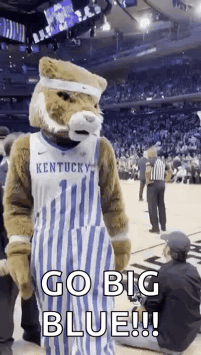 Mascot On Basketball Court Saying Go Big Blue GIF