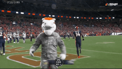 Mascot On Football Field With Player Number 14 GIF