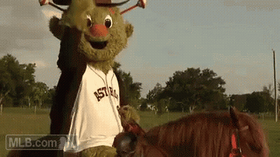 Mascot Riding Brown Horse GIF
