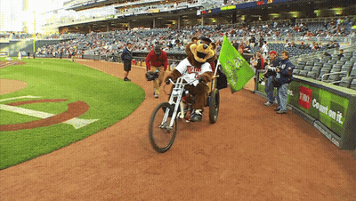 Mascot Riding Motorcycle On Field With Count Sign GIF