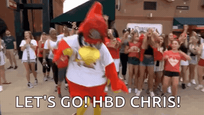 Mascot Saying Let's Go HBD Chris To Crowd GIF