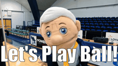 Mascot Says Let's Play Ball In Gym GIF
