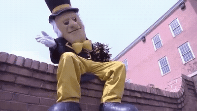 Mascot Sitting On Brick Wall In Top Hat GIF