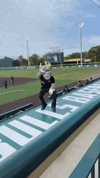 Mascot Standing On Railing In Front Of Stadium Sign GIF