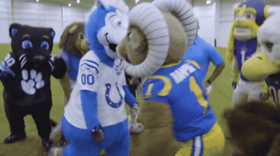 Mascots Including One With Number 00 GIF