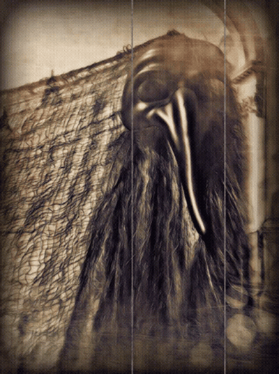 Mask With Long Beak Hanging On Wall GIF