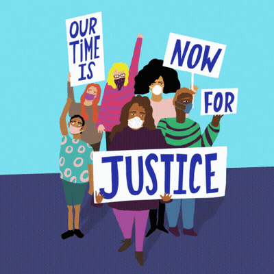 Masked Group Holding Our Time Is Now For Justice Sign GIF
