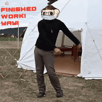 Masked Man Dancing By Tent Saying Finished Work Yay GIF