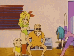 Master Roshi Exercising With Launch Bulma And Krillin GIF