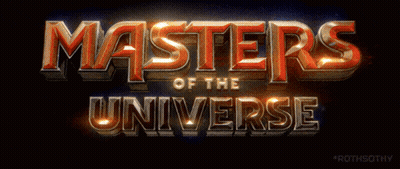Masters Of The Universe Is Written In Red And Gold Letters GIF