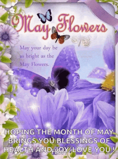 May Flowers Card With Purple Flowers And Butterflies GIF