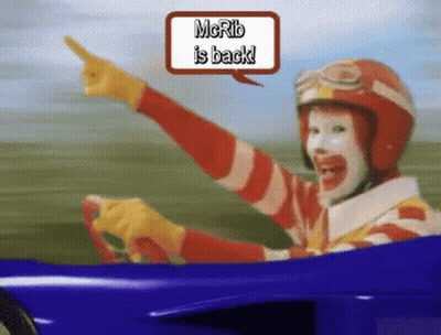 McDonald's Clown Driving Blue Car Pointing At McRib Is Back Sign GIF