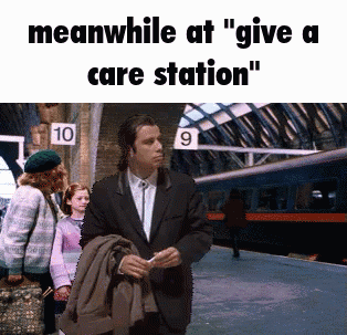 Meanwhile At " Give A Care Station " A Man In A Suit Is Standing In Front Of A Train GIF