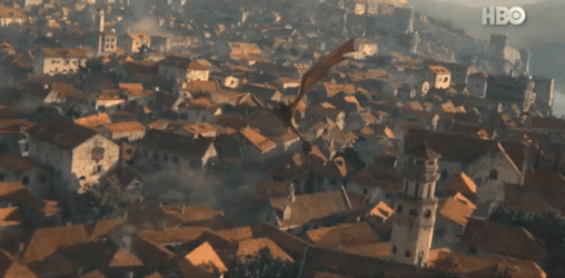Meleys Red Dragon Flying Above City Skyline GIF