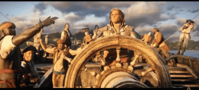 Men Around Large Boat Steering Wheel GIF