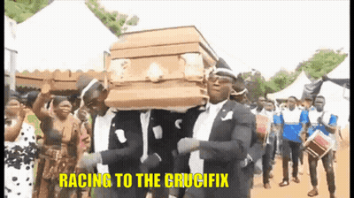 Men Carrying Coffin Dancing In Front Of Crowd GIF