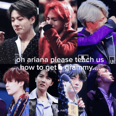 Men Collage Saying Oh Ariana Please Teach Us How To Get Grammy GIF
