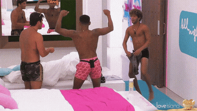 Men Dancing In Bedroom With Love Island GIF