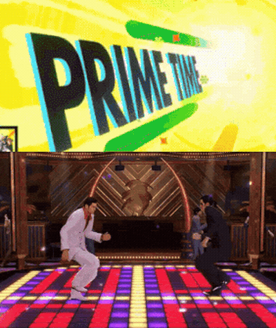 Men Dancing In Front Of Prime Time Sign GIF