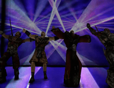 Men Dancing In Front Of Purple Light GIF