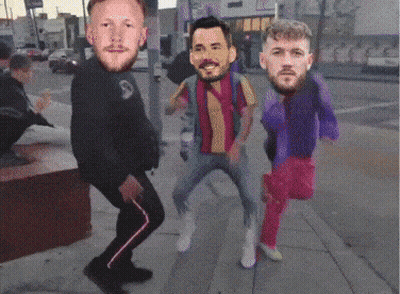 Men Dancing On Sidewalk With Faces On Ground GIF