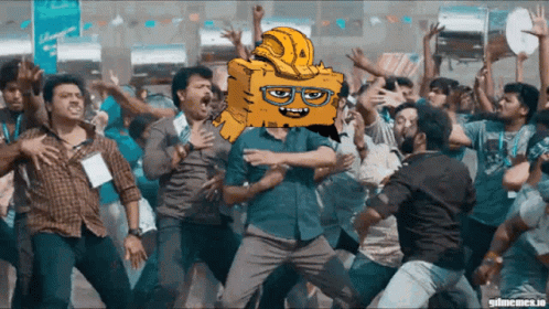 Men Dancing With SpongeBob SquarePants Character On Head GIF