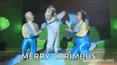 Men In Costumes Dancing With Merry Chrimbos GIF