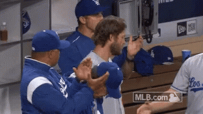 Men In Dodgers Hats Clapping In Dugout GIF