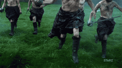 Men In Kilts Running In Field With Starz GIF