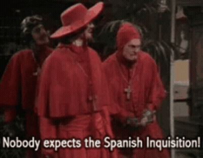 Men In Red Robes Saying Nobody Expects The Spanish Inquisition GIF