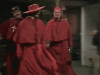 Men In Red Saying Nobody Expects The Spanish Inquisition GIF