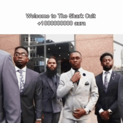 Men In Suits Standing In Front Of Shark Cult GIF