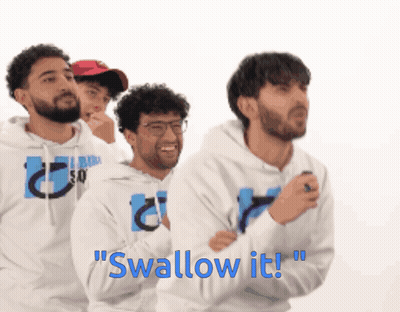 Men In White Hoodies Saying Swallow It GIF