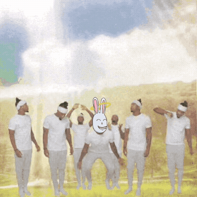 Men In White Shirts Dancing With Rabbit On Head GIF
