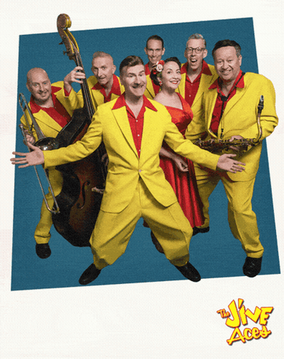 Men In Yellow Suits Posing With The Jive Aces GIF