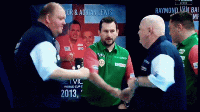 Men Shaking Hands In Front Of Raymond Van Bai Poster GIF