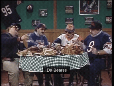 Men Sitting Around Table With Checkered Tablecloth Saying Da Bearss GIF