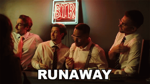 Men Sitting In Front Of BTR Runaway Neon Sign GIF