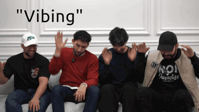 Men Sitting On Couch One Wearing Vibing Shirt GIF